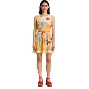 VTG London Times Floral Cotton Spandex Circular Skirt Sleeveless Dress Belt 14P